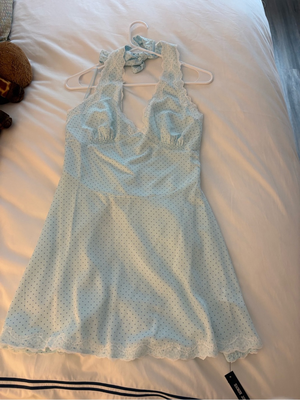 Frankie's Bikinis Pale Blue Polka Dot Halter Lace Chemise